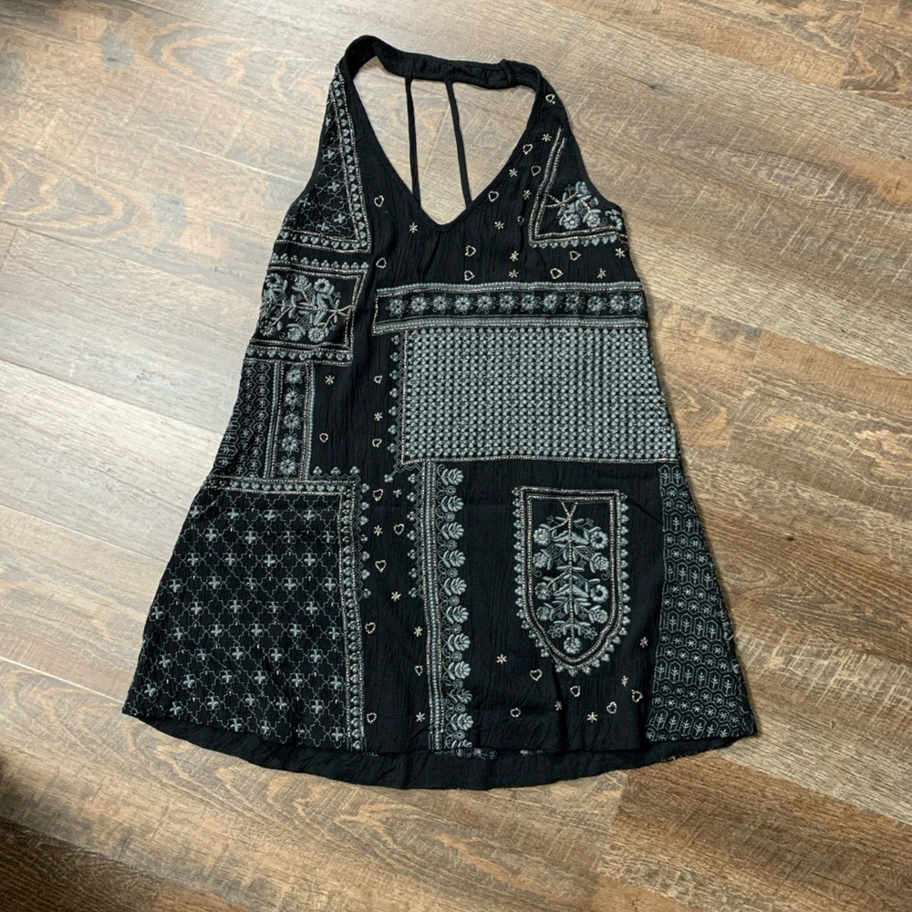 Free People Black and Gray Embroidered & Beaded Tunic Top Small